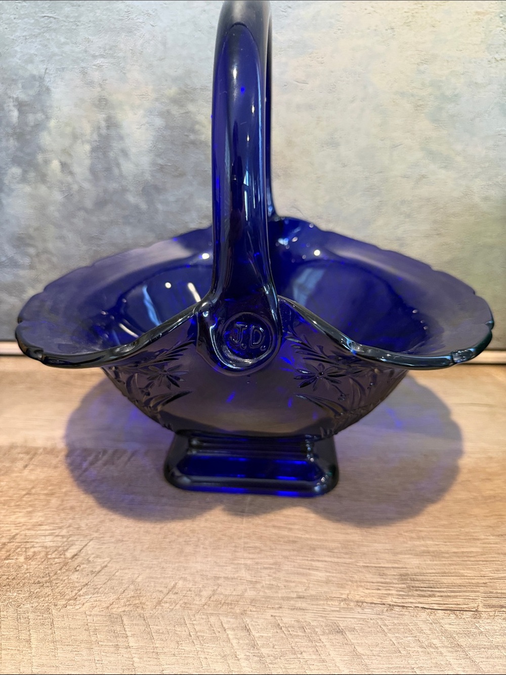 Indiana Glass Cobalt Blue Handled Glass Basket with JD marking